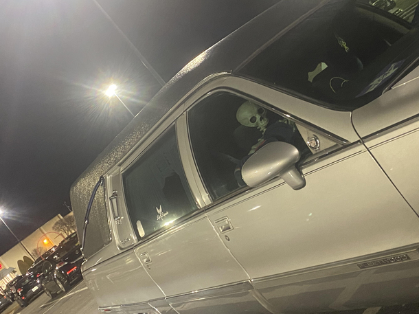 I saw someone earlier post about a skeleton in a car Well heres a skeleton in a hearse its still nowhere near halloween