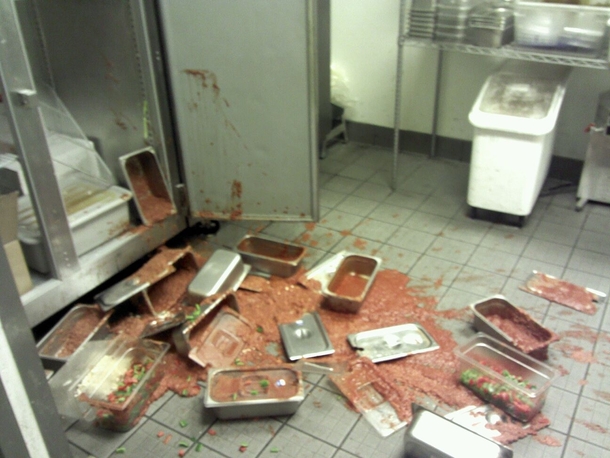 I see your sauce spill and raise you eight gallons of pizza sauce and two large containers of chopped peppers