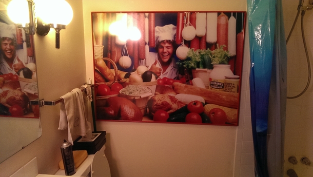 I see your Subway decoration and raise you my Jimmy Johns bathroom art