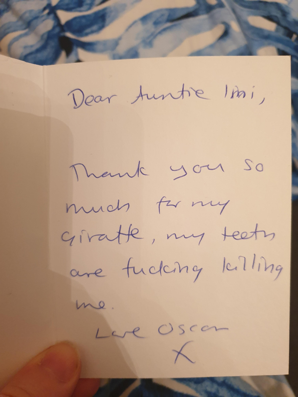 I sent my  month nephew a Sophie the Giraffe teething toy Got this in reply