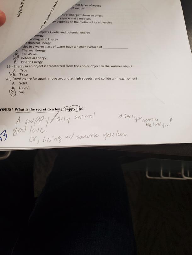 I teach seventh grade Whenever my students take a test I have a Bonus question which consists of a random question for two or three points Todays question was What is the secret to a happy healthy life They didnt disappoint Also Im Mr Wallace