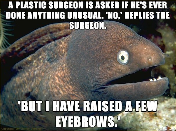 I used to really enjoy the Lame Joke Eel memes but I never see them anymore I present to you my go-to joke as a plastic surgeon