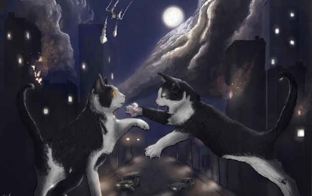 I was asked to paint two giant cats fighting and destroying a city