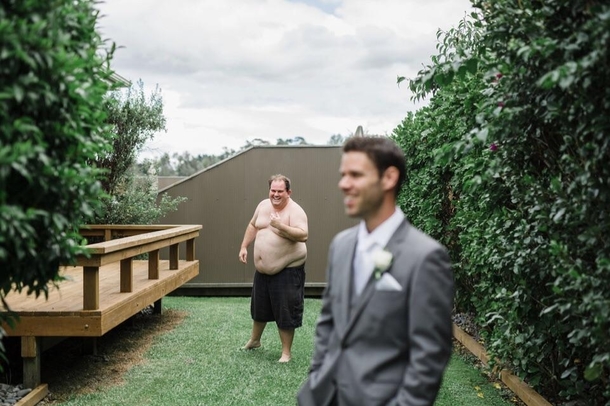 I was groomsman at a friends wedding and the photos just came back Id forgotten about this photobomb The photographer was in tears laughing This is from pre-wedding