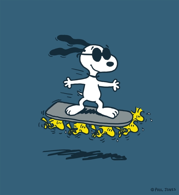 I was hired to do a design for Charles M Schulzs Peanuts team I decided to draw Snoopy on a Hoverboard