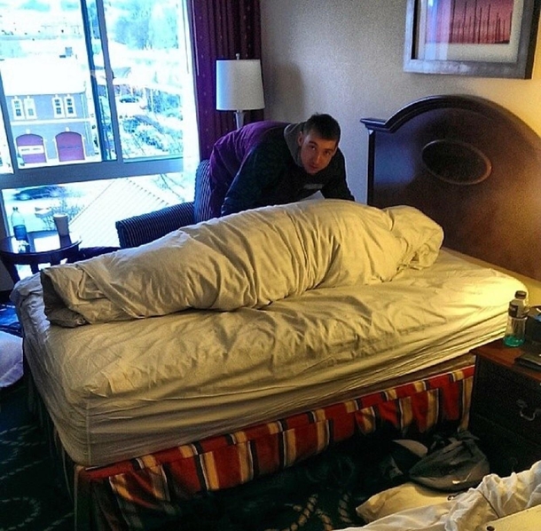 I was on the road for a basketball game and this is how my teammate and I left the bed