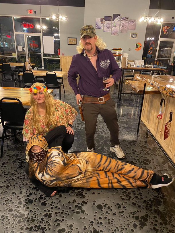 I was working in my tiger onesie on Halloween when customers came in as Joe Exotic and Carole Baskin