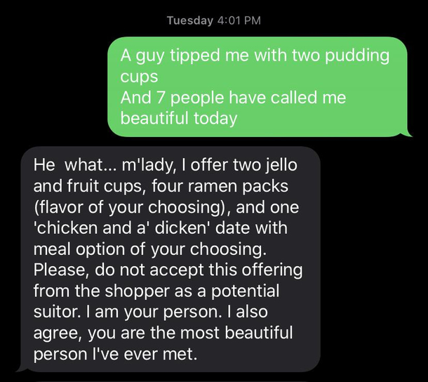 I work at a grocery store and my boyfriend gets daily updates He is a total dork but sometimes he knows just what to say Its also our  year milestone today Enjoy his Shakespeare Victorian neck beard response How would I label this Idk