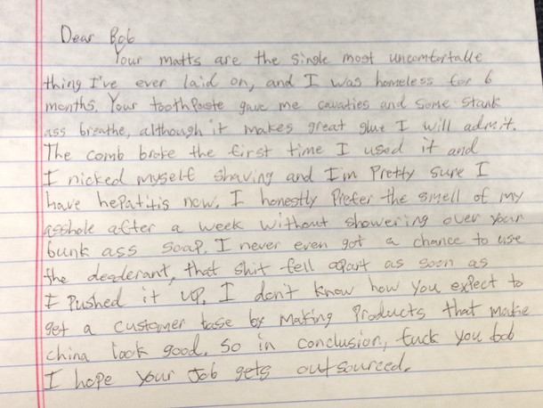 I work for a correctional supply companythis was an inmate letter Hey feedback is a progress