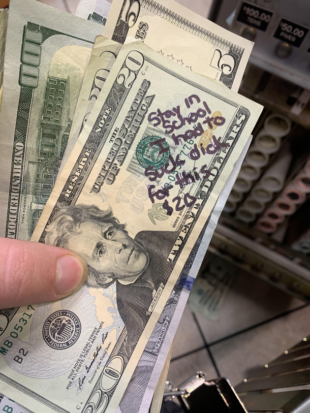 I work for a Gas Station and while preparing a deposit this little gem passed me by