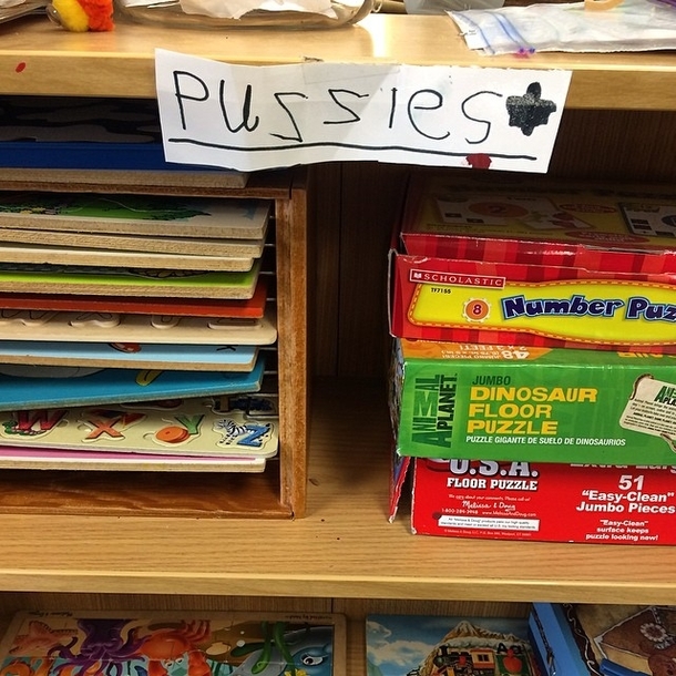 I work in a bookstore We have puzzles A child decided to make us a sign