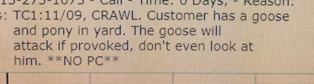 I work in Pest Control this was at the bottom of the work order That must be one pissed off goose