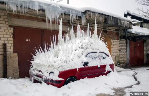 Ice spiked car in Obninsk Russia