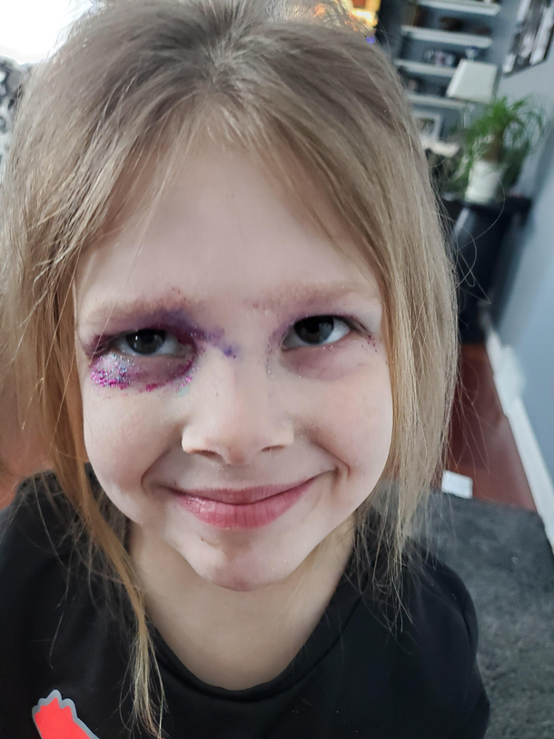If my daughter keeps doing her own eye makeup child protective services are gonna come knocking pretty soon 