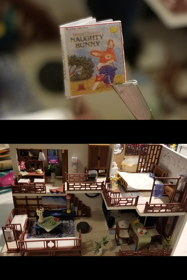 Im folding books to put on the bookshelves of this tiny house kit I guess Naughty Bunny goes on the bedroom night stand