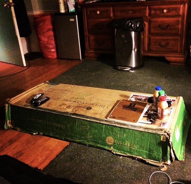 In college my coffee table was an unassembled coffee table still in its box