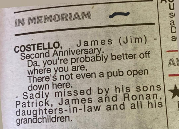 In memoriam notice from Ireland