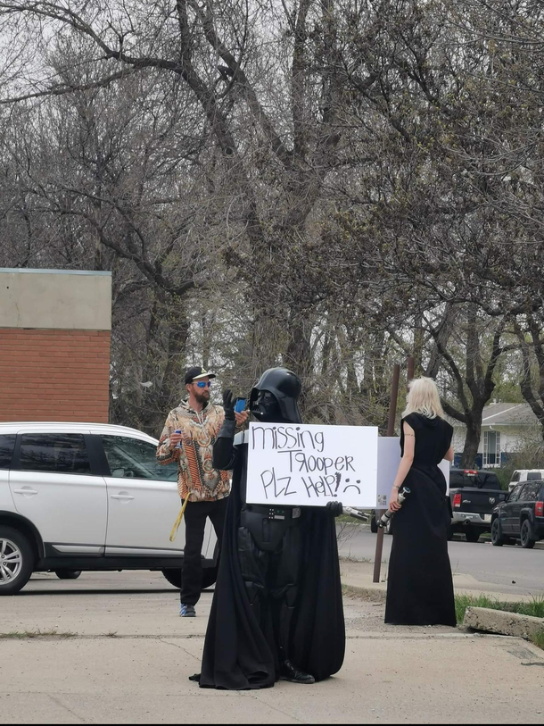 In retaliation to the Storm Trooper incident on rpublicfreakout  this guy went to the scene of the crime to find his missing buddy