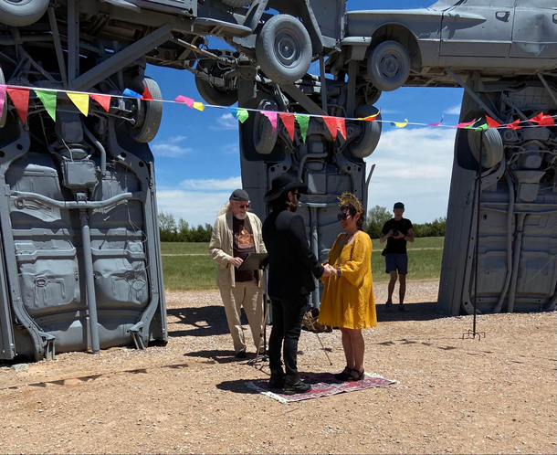 In the middle of Nebraska theres an art installation called Carhenge Its literally a car version of Stonehenge My friend got married there this week