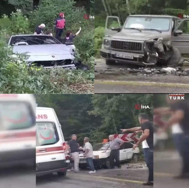 In the middle of nowhere on a small village road in Turkey a Lamborghini Urus hit a mercedes G amg to avoid hitting a lada samara