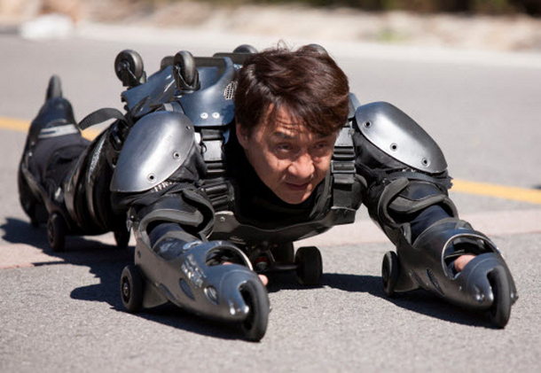Jackie Chan in a rollerblade suit