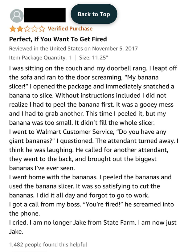 Jake from StateFarm reviewing a Banana Slicer