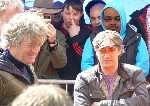 James May and Richard Hammond in front of a lively crowd