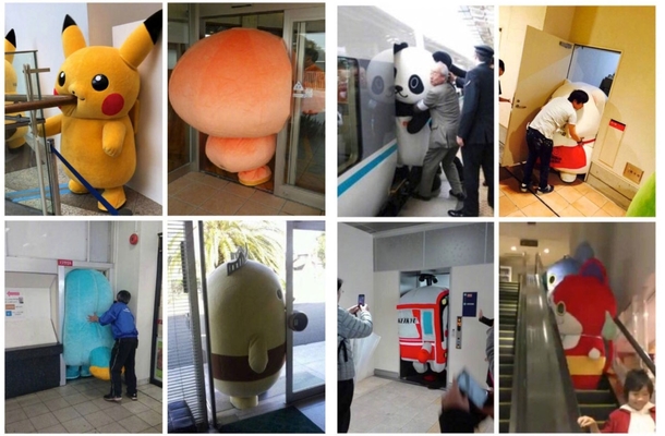 Japanese mascots getting stuck in things