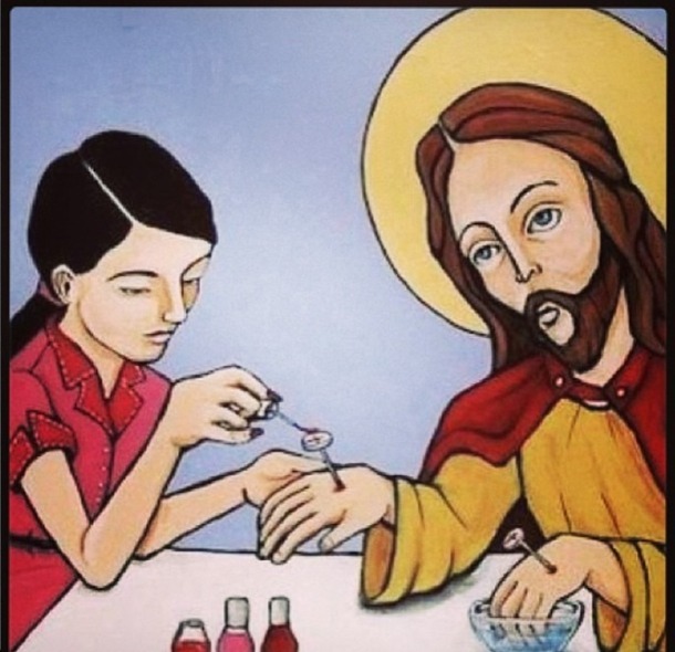Jesus getting his nails painted