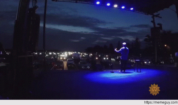 Jim Gaffigan performs stand-up comedy at a drive-in