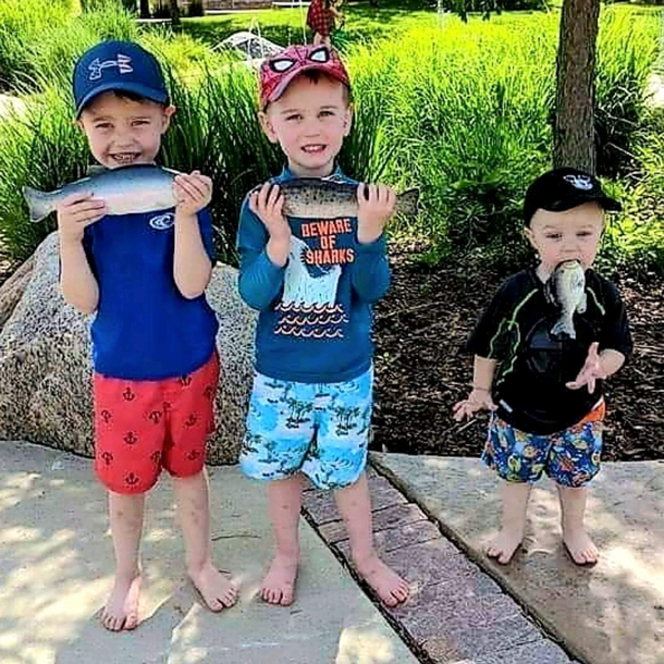 Jimmy good catchTimmy i like your fishKyle what are you doing with your fish in your mouth