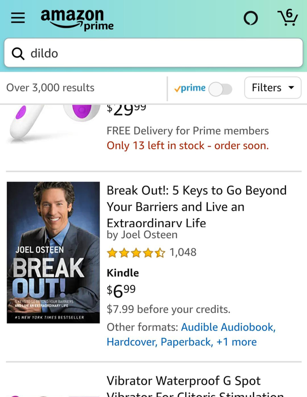 Joel Osteen shows up in top results of dildo search in Amazon Haha I see you Amazon and I support you and your hilarity