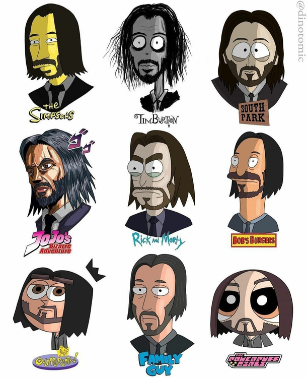 John Wick in different cartoon styles