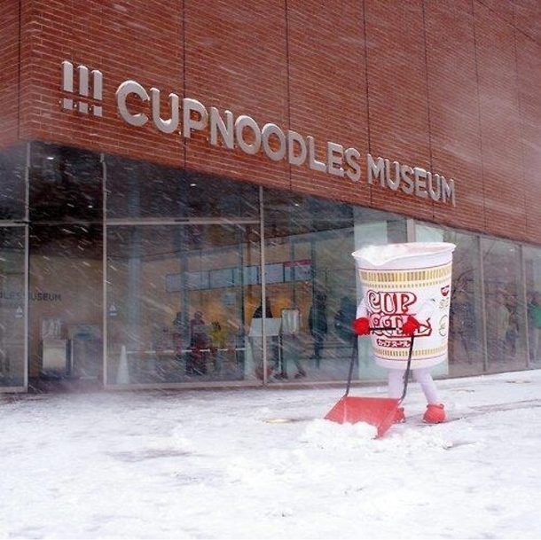 Just a cup of noodles shoveling some snow