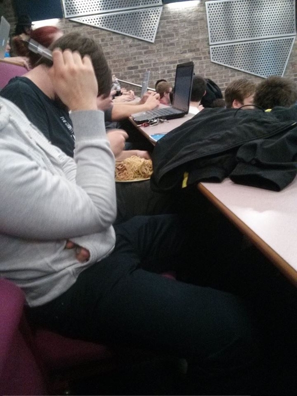 Just a guy enjoying his spaghetti bolognese