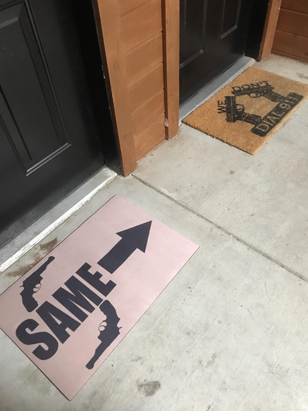 Just made a customized door mat to match my neighbors mat