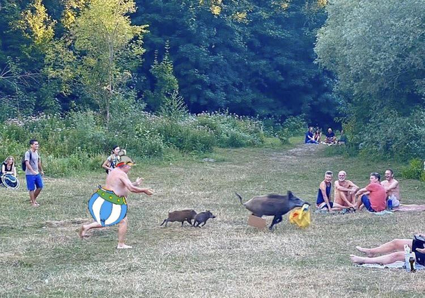 Just Obelix chasing after his wild boar  dinner