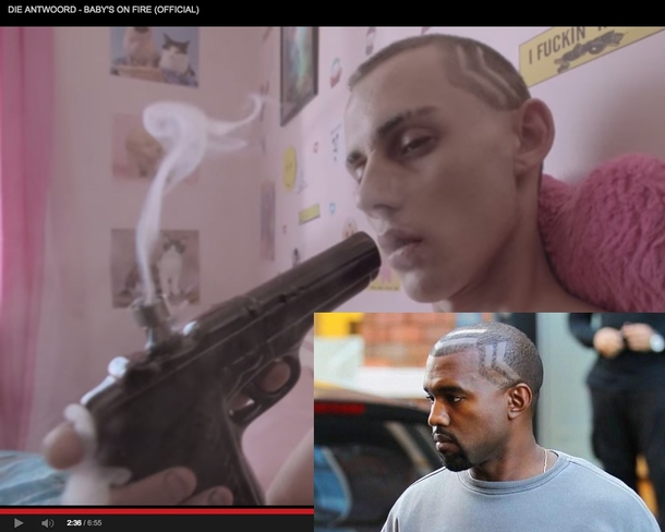 Kanyes haircut is straight from that one guy from Babys On Fire by Die Antwoord