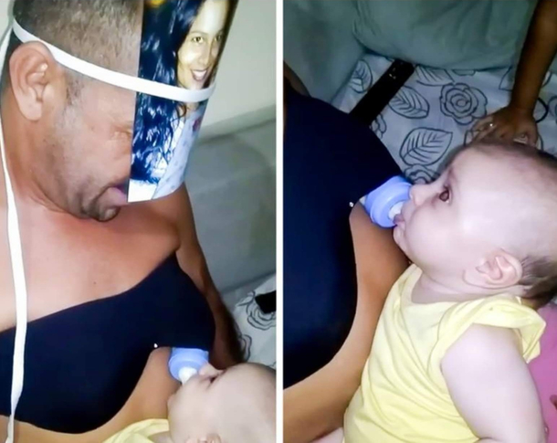 Kid refused to drink milk from the bottle so the father had to come up with this