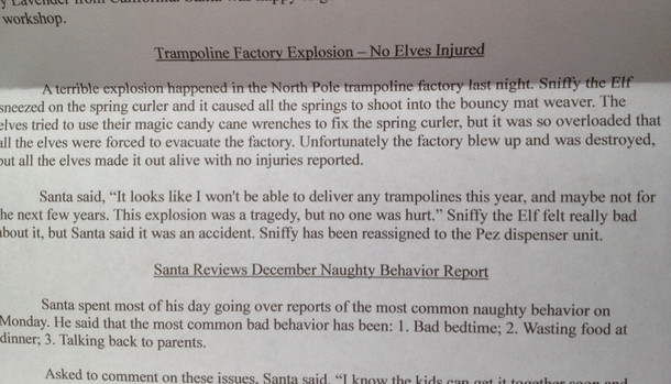 Kids asked for a trampoline for xmas I said no so they petitioned Santa Bad news in this mornings edition of The North Pole Times