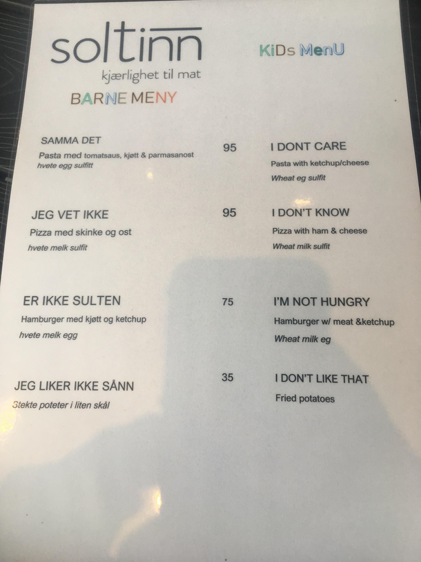 Kids menu at a restaurant in Norway