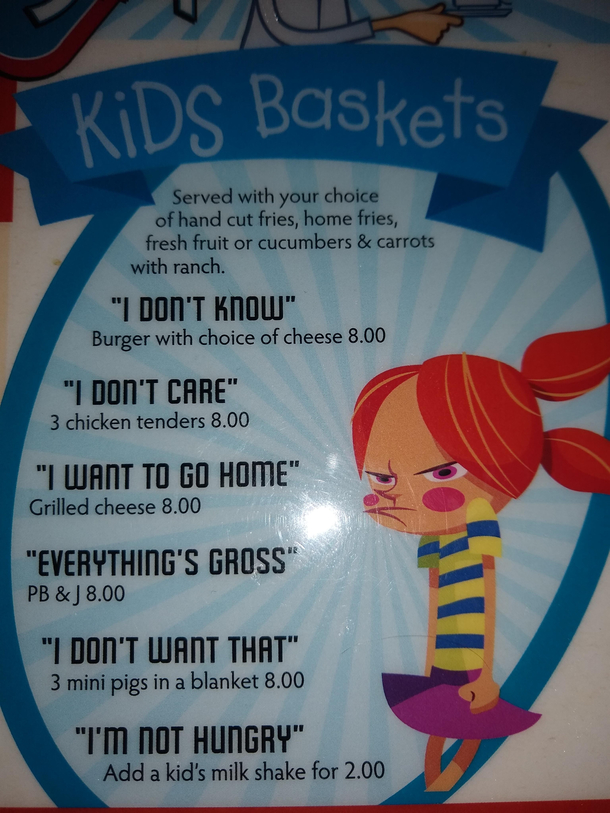 Kids menu at Luckys Coffee Shop