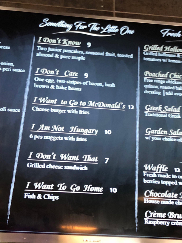 Kids menu at restaurant