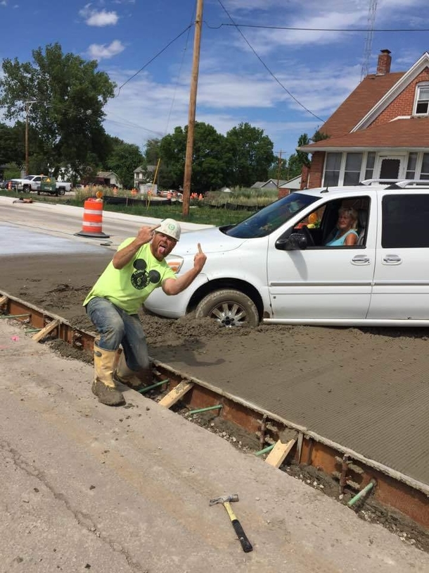 Lady didnt see the construction apparently