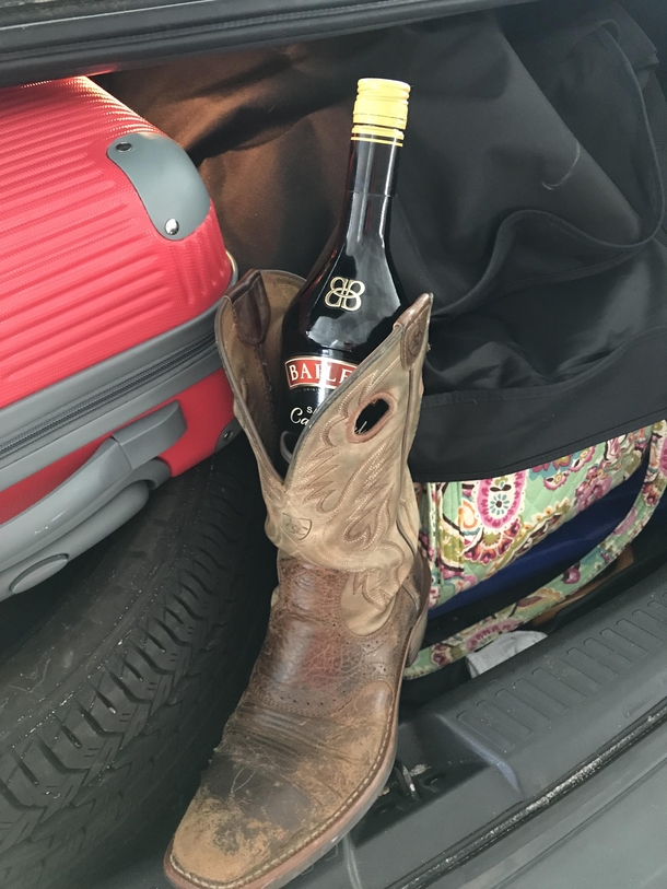 Leaving from vacation my wife was helping pack and decided this was a clever way to store the Baileys for the ride home She had no idea just how clever