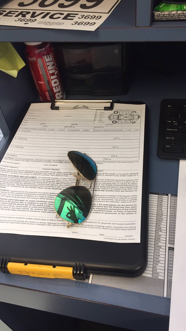 Left my sunglasses on a coworkers desk texted him asking if he had them and sends me this picture