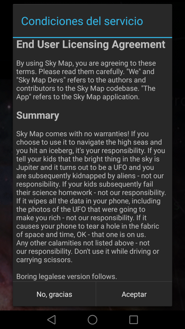 Legal conditions of an astronomy app