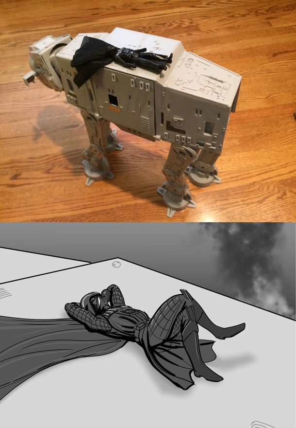 Let my four-year-old play with my old toys - came back to find Vader chillin like a villain on top of the AT-AT
