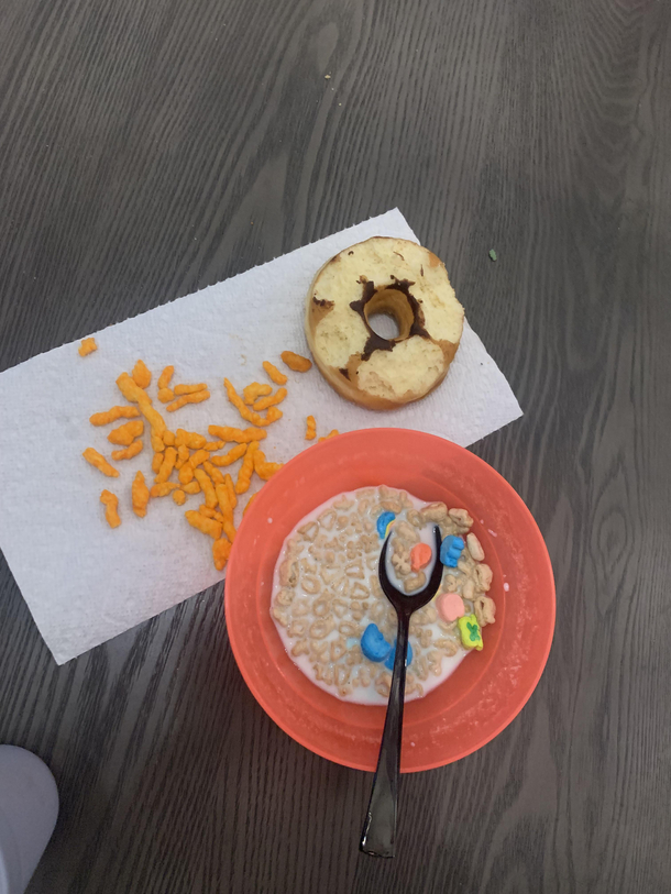Let my  year old pick his dinner tonight That used to be a chocolate doughnut