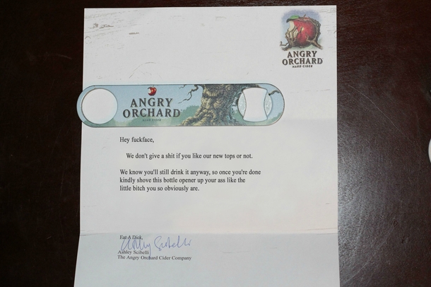 Letter from Angry Orchard in regards to a complaint about their transition from twist-off caps to pop-off caps